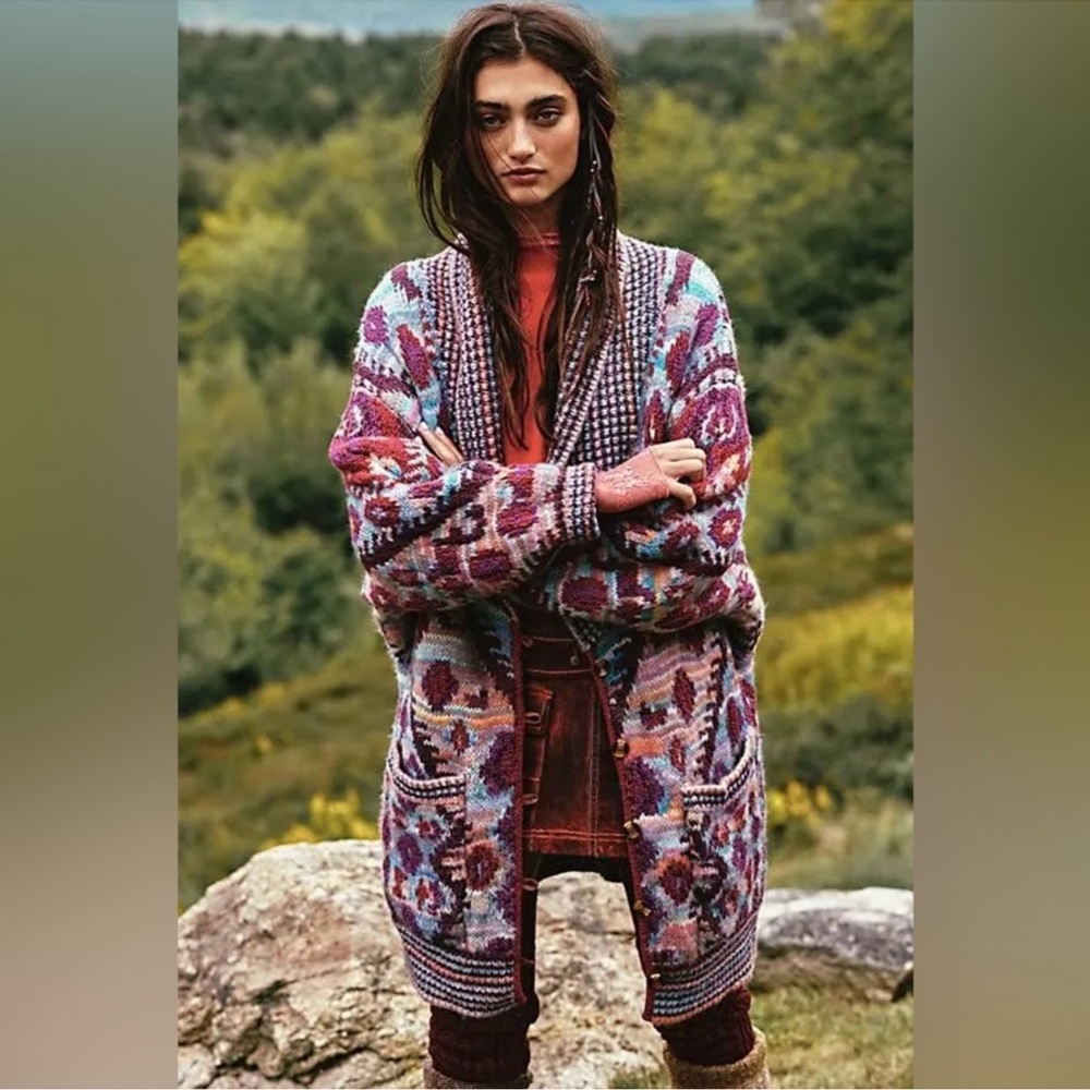 Free People Home On The Range Sweater Cardigan Thick Knit Oversize Rare Sz XS